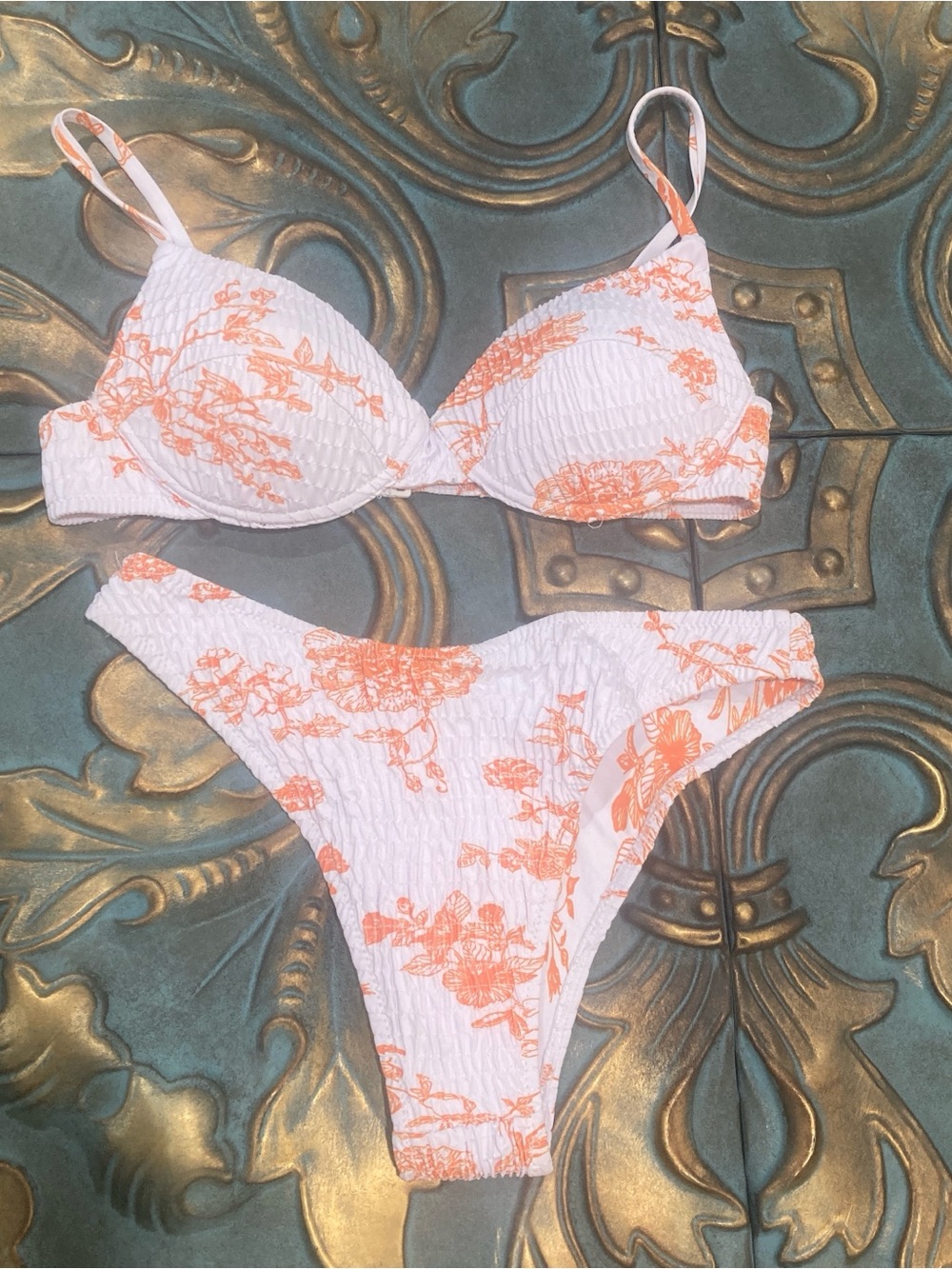 White & Coral Floral Textured Bikini Set - Women